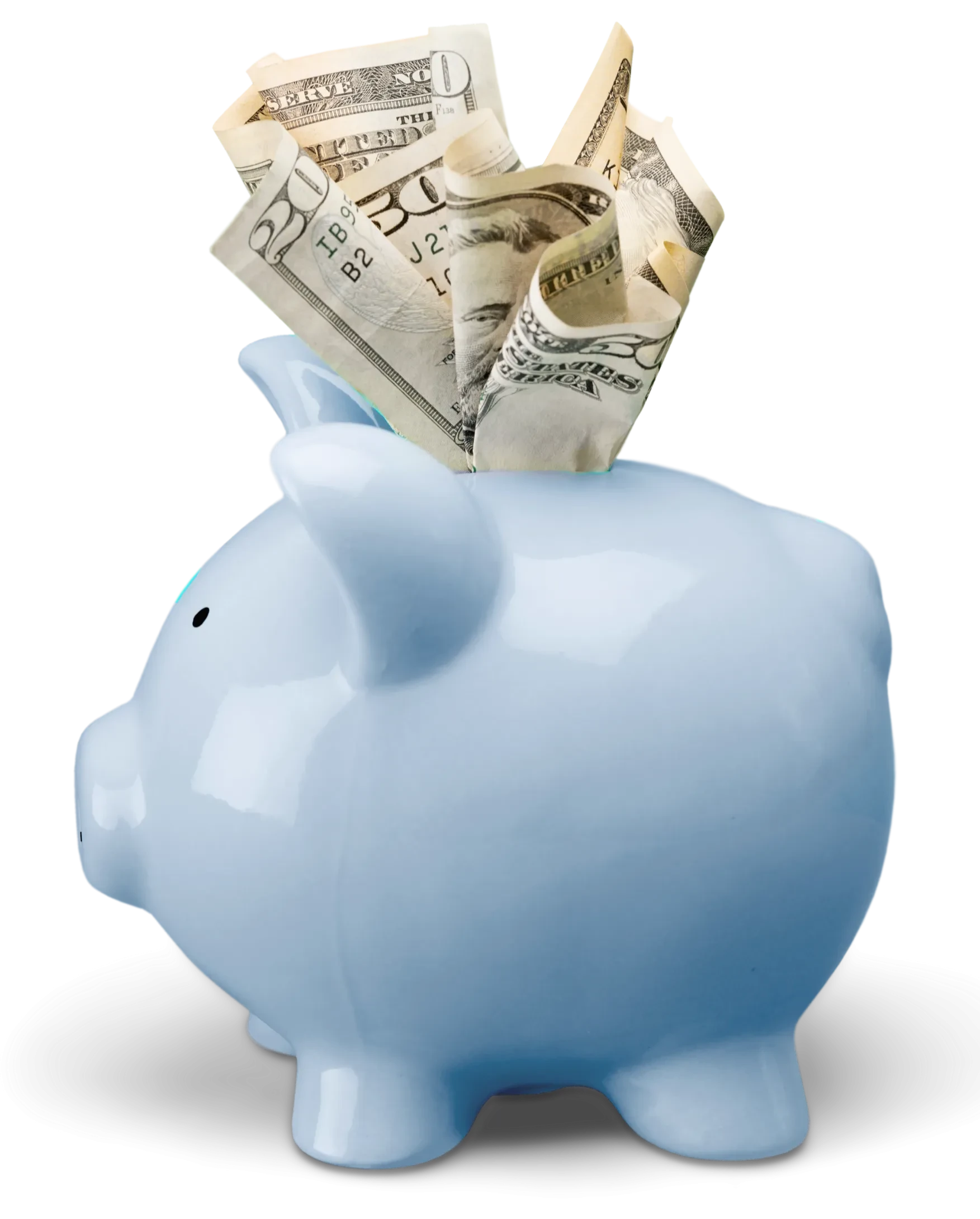 blue piggy bank with money sticking out of it