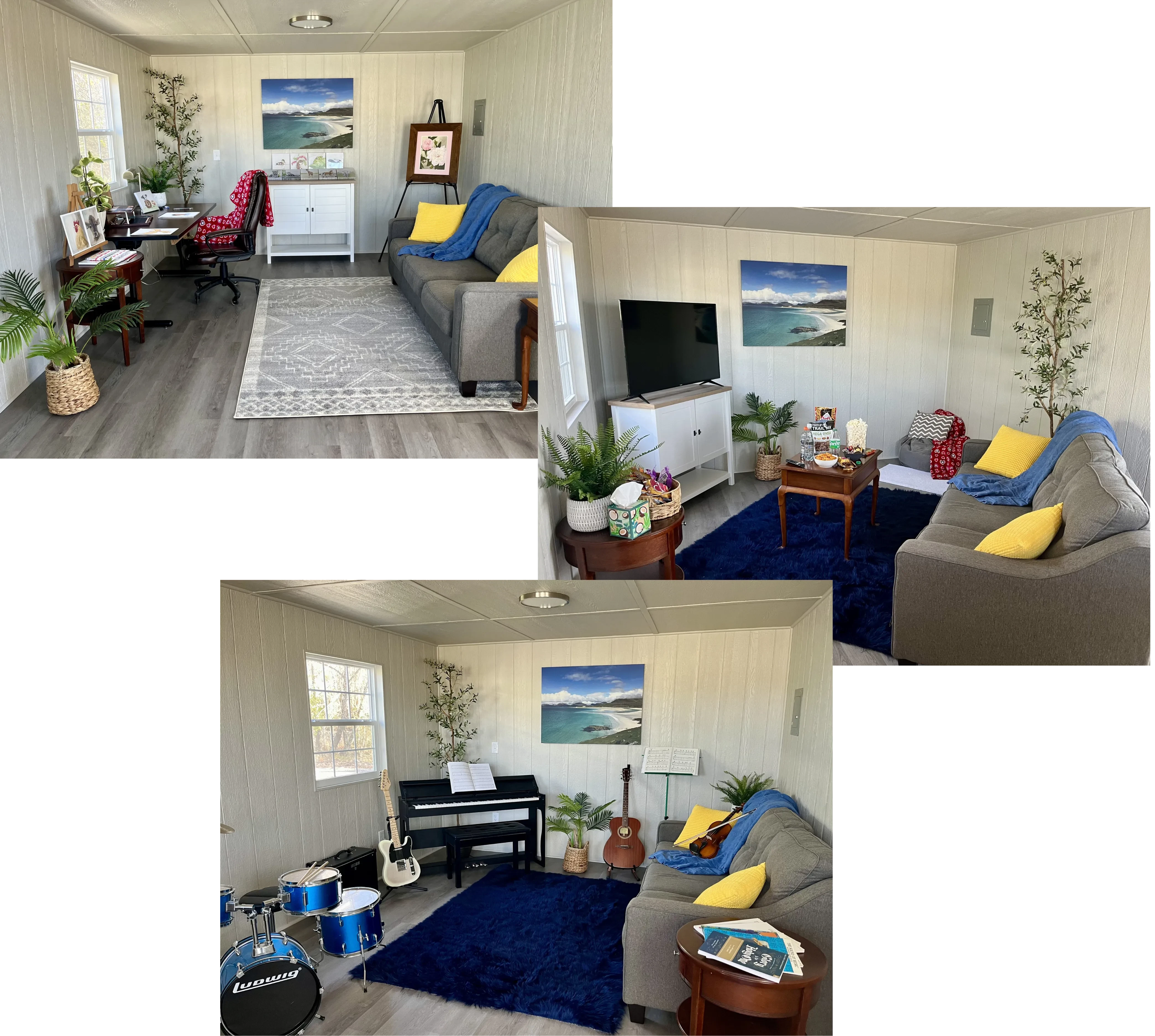 Different setup options in a ready-made finished out shed.